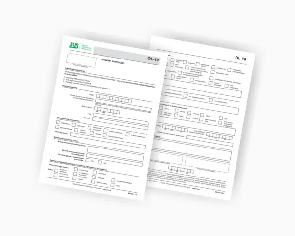 Karta czynności opiekuna medycznego - formularz ZUS OL-10 do wypełnienia przez pracodawcę, zawiera dane pracownika i opis stanowiska.