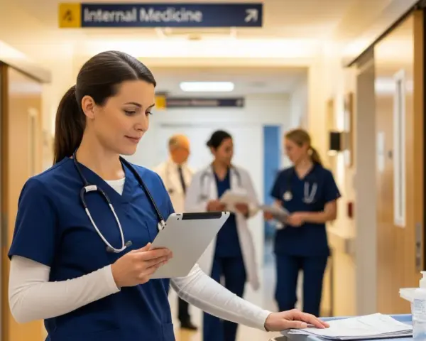 Pielęgniarka z tabletem w szpitalnym korytarzu, gdzie widnieje tabliczka "Internal Medicine". W tle inni pracownicy medyczni.