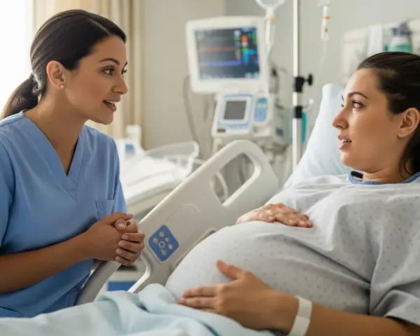 Lekarka rozmawia z ciężarną pacjentką w szpitalu. Dowiaduje się, ile trwa specjalizacja z ginekologii, by móc pomóc przyszłym mamom.