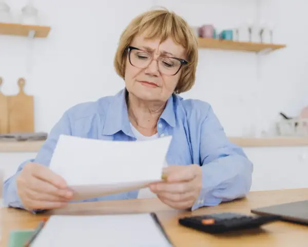 Kobieta w wieku 60 lat, po 40 latach pracy, z troską przegląda dokumenty dotyczące emerytury.