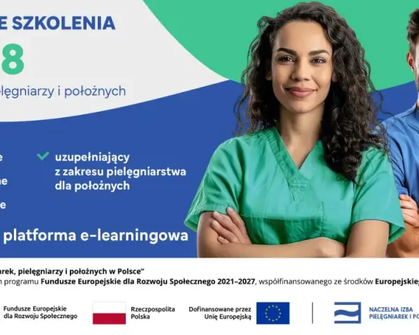 Dwie uśmiechnięte osoby w strojach medycznych, promujące bezpłatny kurs zawodowy dla pielęgniarek i położnych.