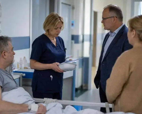Pielęgniarka omawia z pacjentem i jego bliskimi dokumenty, co może dotyczyć odpowiedzialności cywilnej pielęgniarki.