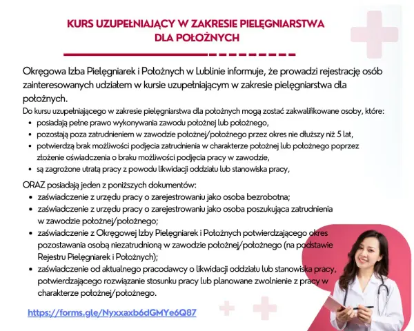 Kurs uzupełniający dla położnych. Okręgowa Izba Pielęgniarek i Położnych w Lublinie zaprasza na kurs.