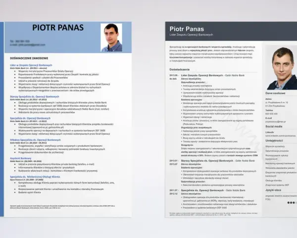 CV Piotra Panasa, lidera zespołu operacji bankowych, z doświadczeniem w bankowości i wsparciu sprzedaży.
