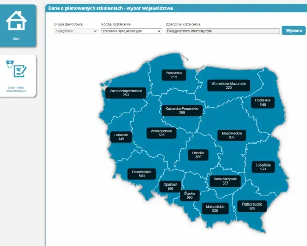 Mapa Polski z danymi o szkoleniach specjalizacyjnych dla pielęgniarek. Sprawdź, ile trwa specjalizacja pielęgniarska w wybranym województwie.