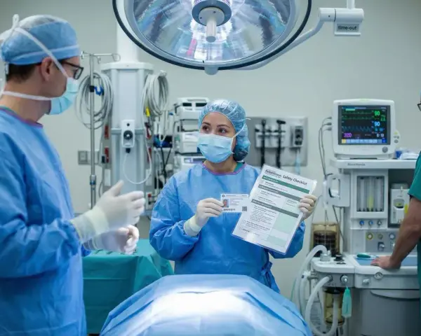 Zespół medyczny na bloku operacyjnym omawia checklistę bezpieczeństwa. Dodatek za pracę na bloku operacyjnym jest kluczowy dla bezpieczeństwa pacjenta.