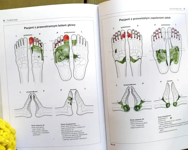 Ilustracje z książki pokazują punkty na stopach do terapii. Kurs refleksologii pomaga zrozumieć powiązania między stopami a różnymi częściami ciała.