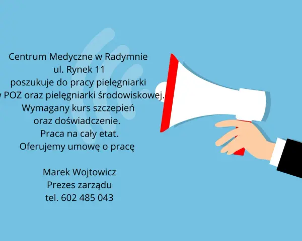 Centrum Medyczne w Radymnie ogłasza nabór na stanowisko pielęgniarki. Szukamy kandydatek z kursem szczepień i doświadczeniem. Oferujemy umowę o pracę. Dodatkowa praca dla pielęgniarek czeka!
