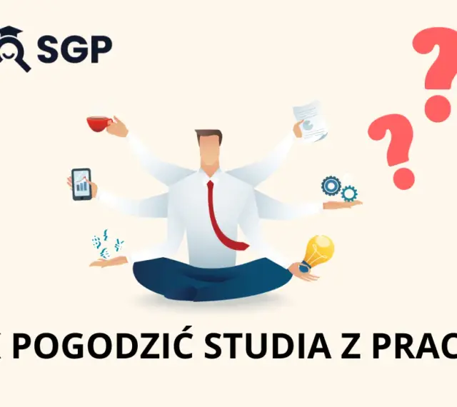 Wieloręki człowiek w pozycji medytacyjnej symbolizuje wyzwania związane z pogodzeniem pracy i studiów zaocznych.