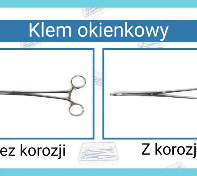 Klem okienkowy: narzędzia chirurgiczne nazwy. Po lewej klem bez korozji, po prawej z widocznymi śladami korozji.