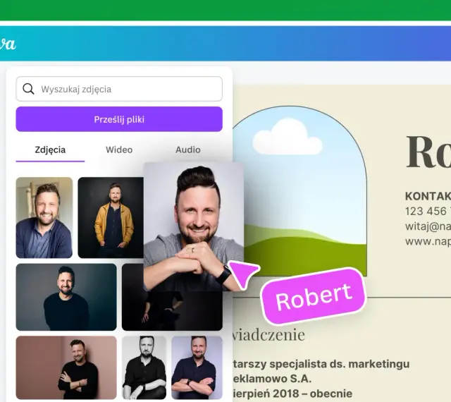 Tworzenie nowoczesnego CV w Canvie. Widok edytora z panelami do dodawania zdjęć i tekstu.