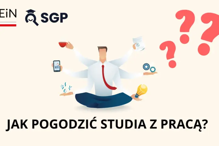 Wieloręki człowiek w pozycji medytacyjnej symbolizuje wyzwania związane z pogodzeniem pracy i studiów zaocznych.