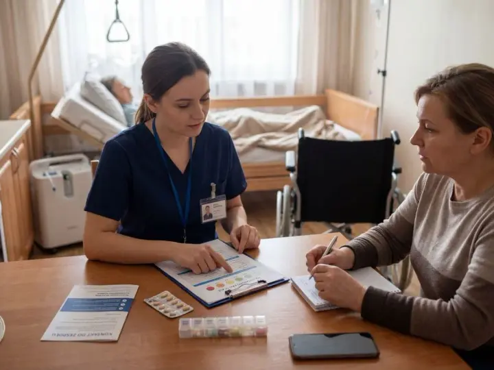 Podczas kursu opieki paliatywnej pielęgniarka omawia z pacjentką plan leczenia. W tle łóżko i wózek inwalidzki.