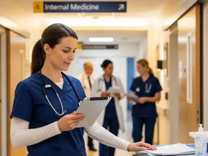 Pielęgniarka z tabletem w szpitalnym korytarzu, gdzie widnieje tabliczka "Internal Medicine". W tle inni pracownicy medyczni.