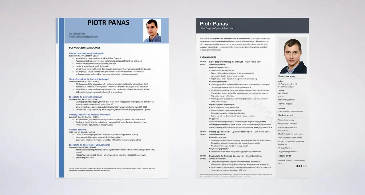 CV Piotra Panasa, lidera zespołu operacji bankowych, z doświadczeniem w bankowości i wsparciu sprzedaży.