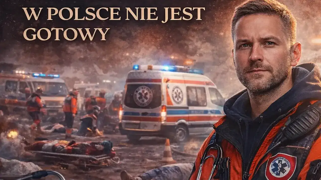 Ratownik medyczny w akcji, w tle karetki i poszkodowani. Obraz nawiązuje do ustawy o zawodzie ratownika medycznego.