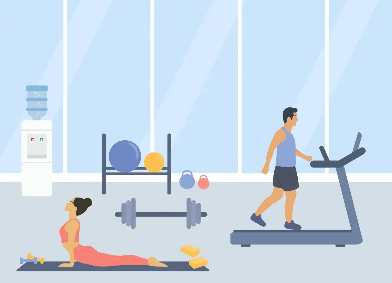Karta multisport otwiera drzwi do siłowni, gdzie kobieta ćwiczy jogę, a mężczyzna biegnie na bieżni.