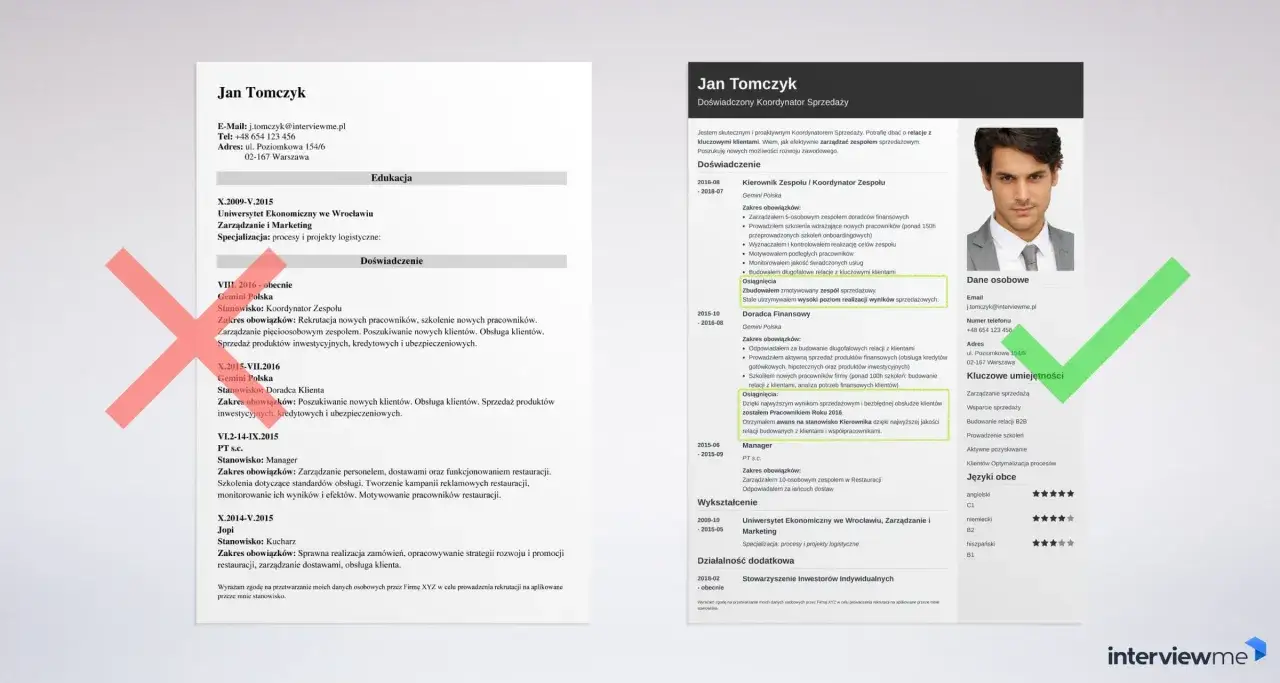 CV Jana Tomczyka, doświadczonego koordynatora sprzedaży, z kluczowymi umiejętnościami i historią zatrudnienia.