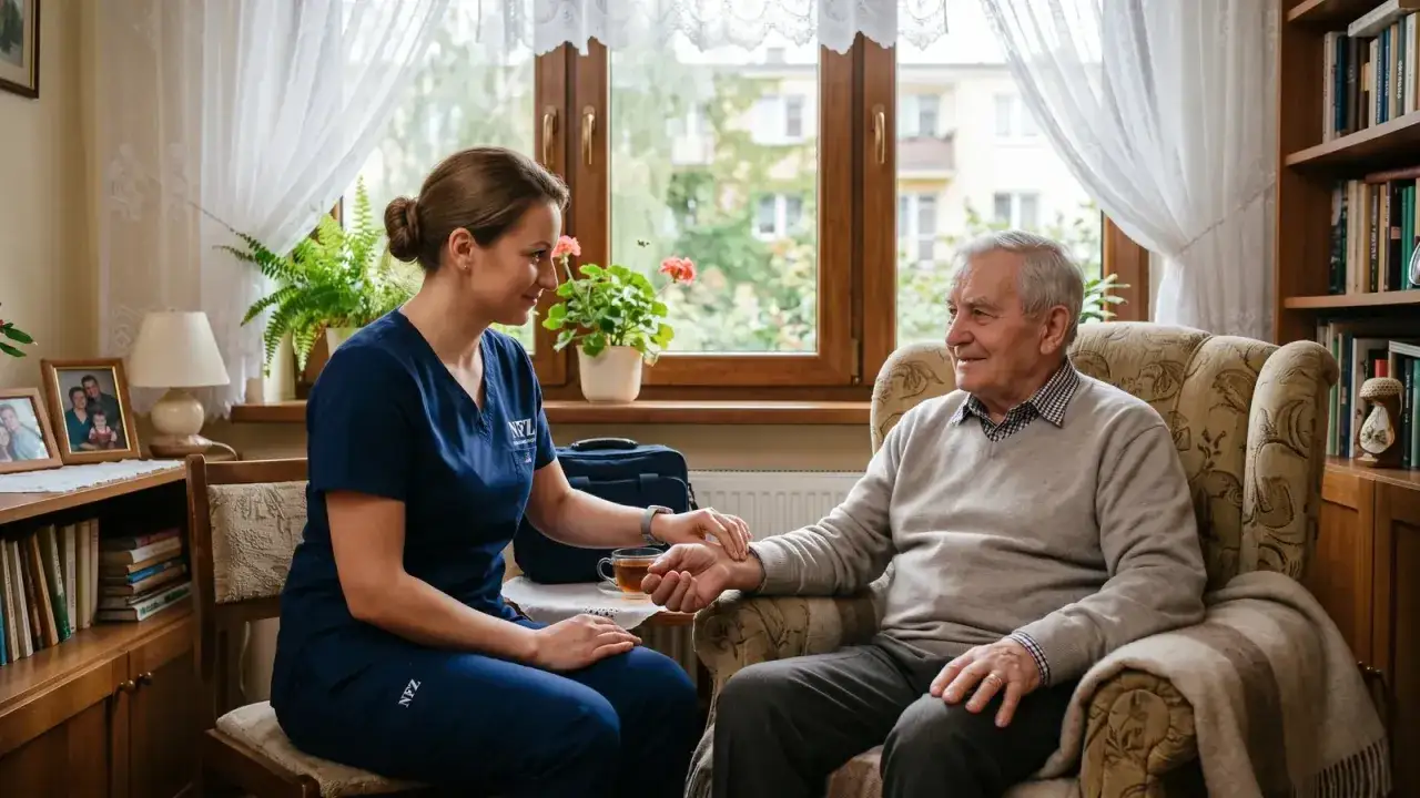 Pielęgniarka opieki długoterminowej domowej czule dotyka dłoni starszego mężczyzny, oferując wsparcie i troskę.
