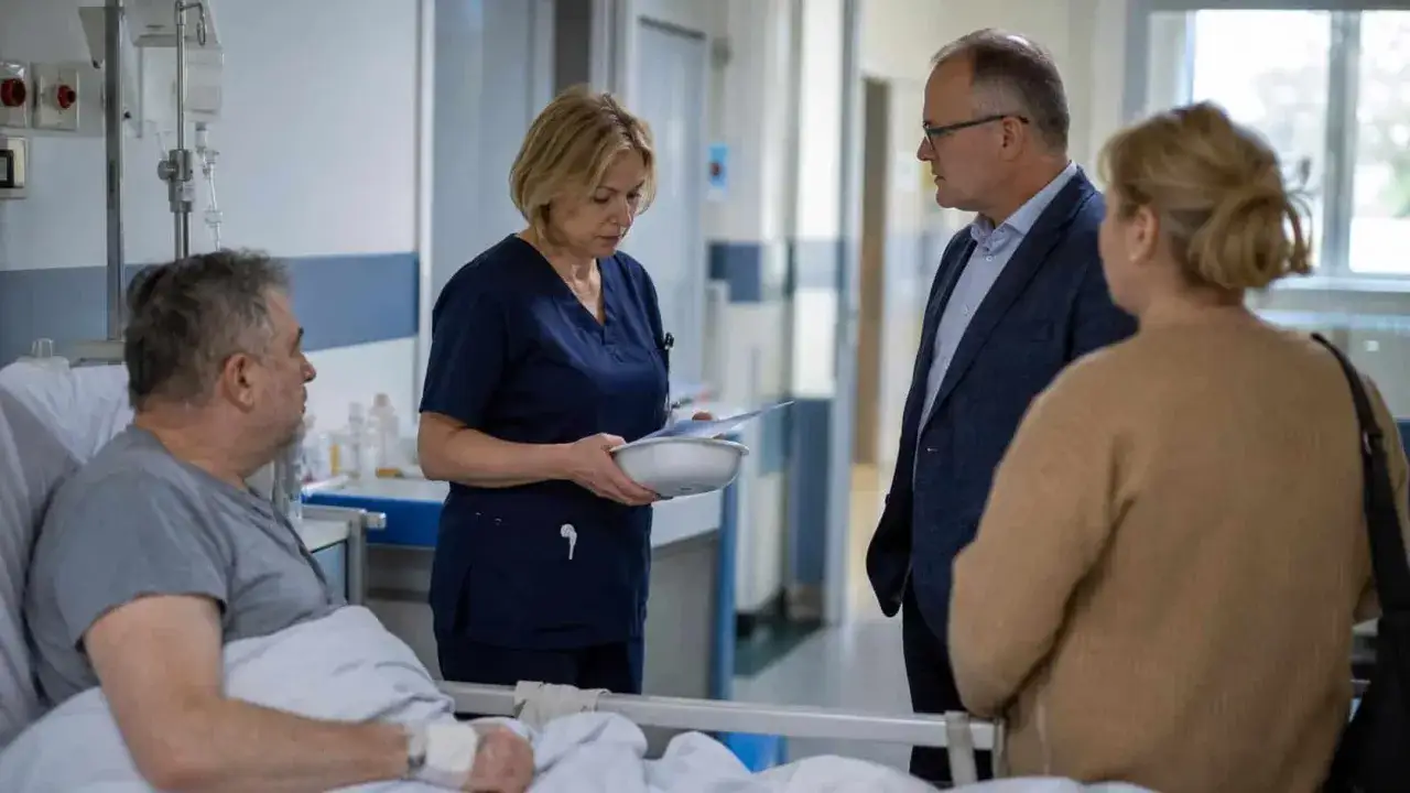 Pielęgniarka omawia dokumentację z pacjentem i jego rodziną, dbając o jego bezpieczeństwo i unikając odpowiedzialności cywilnej pielęgniarki.
