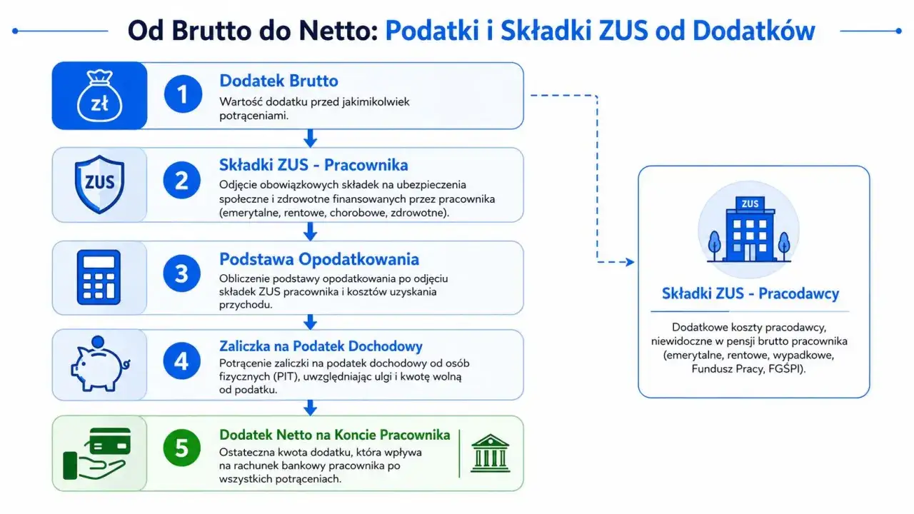 Schemat obliczania dodatku netto: od dodatku brutto odejmujemy składki ZUS pracownika i zaliczkę na PIT, by poznać wynagrodzenie zasadnicze netto.