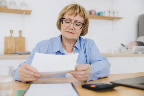 Kobieta w wieku 60 lat, po 40 latach pracy, z troską przegląda dokumenty dotyczące emerytury.