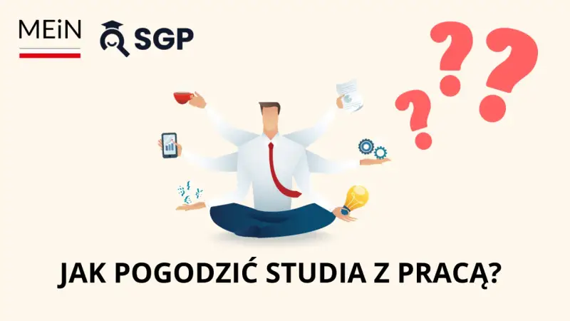 Wieloręki człowiek w pozycji medytacyjnej symbolizuje wyzwania związane z pogodzeniem pracy i studiów zaocznych.