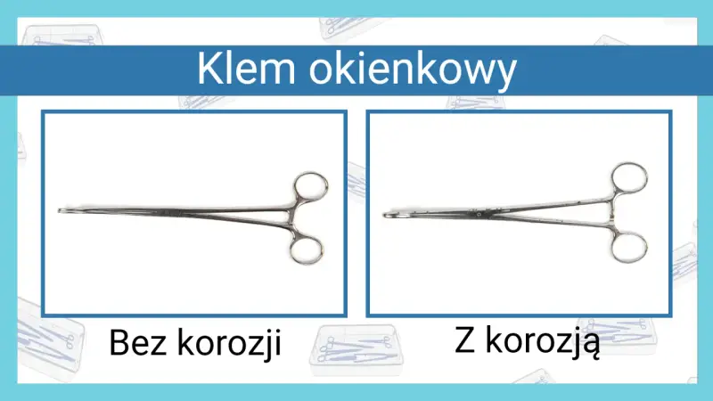 Klem okienkowy: narzędzia chirurgiczne nazwy. Po lewej klem bez korozji, po prawej z widocznymi śladami korozji.