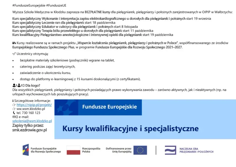 Bezpłatne kursy kwalifikacyjne i specjalistyczne dla pielęgniarek, pielęgniarzy i położnych. Zapisy na stronie smk.ezdrowie.gov.pl.