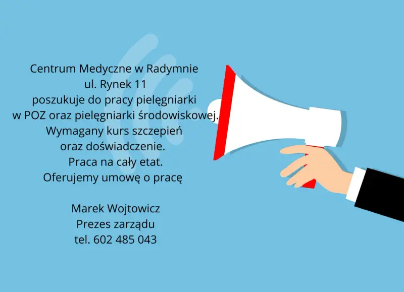 Centrum Medyczne w Radymnie ogłasza nabór na stanowisko pielęgniarki. Szukamy kandydatek z kursem szczepień i doświadczeniem. Oferujemy umowę o pracę. Dodatkowa praca dla pielęgniarek czeka!