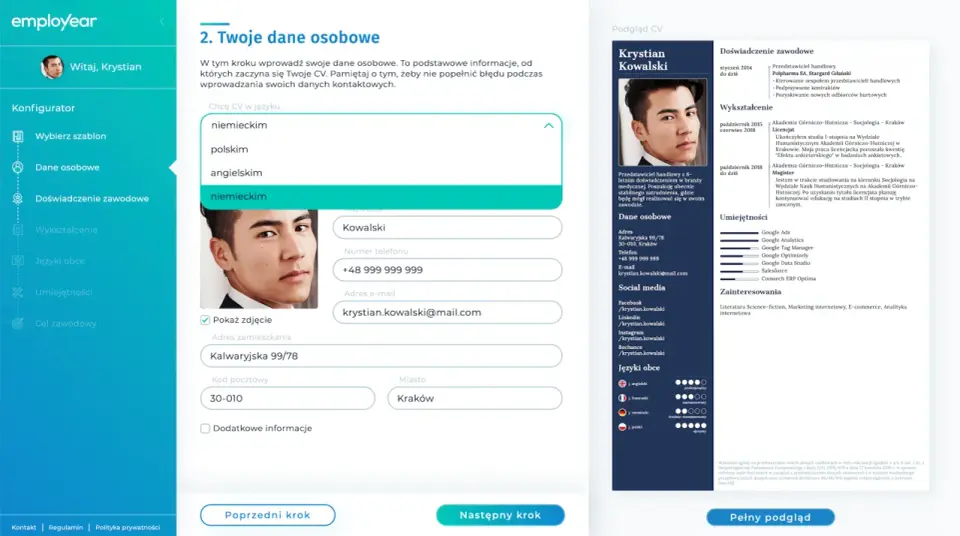 Krystian Kowalski tworzy swoje CV po niemiecku, wprowadzając dane osobowe i adres zamieszkania w Krakowie.